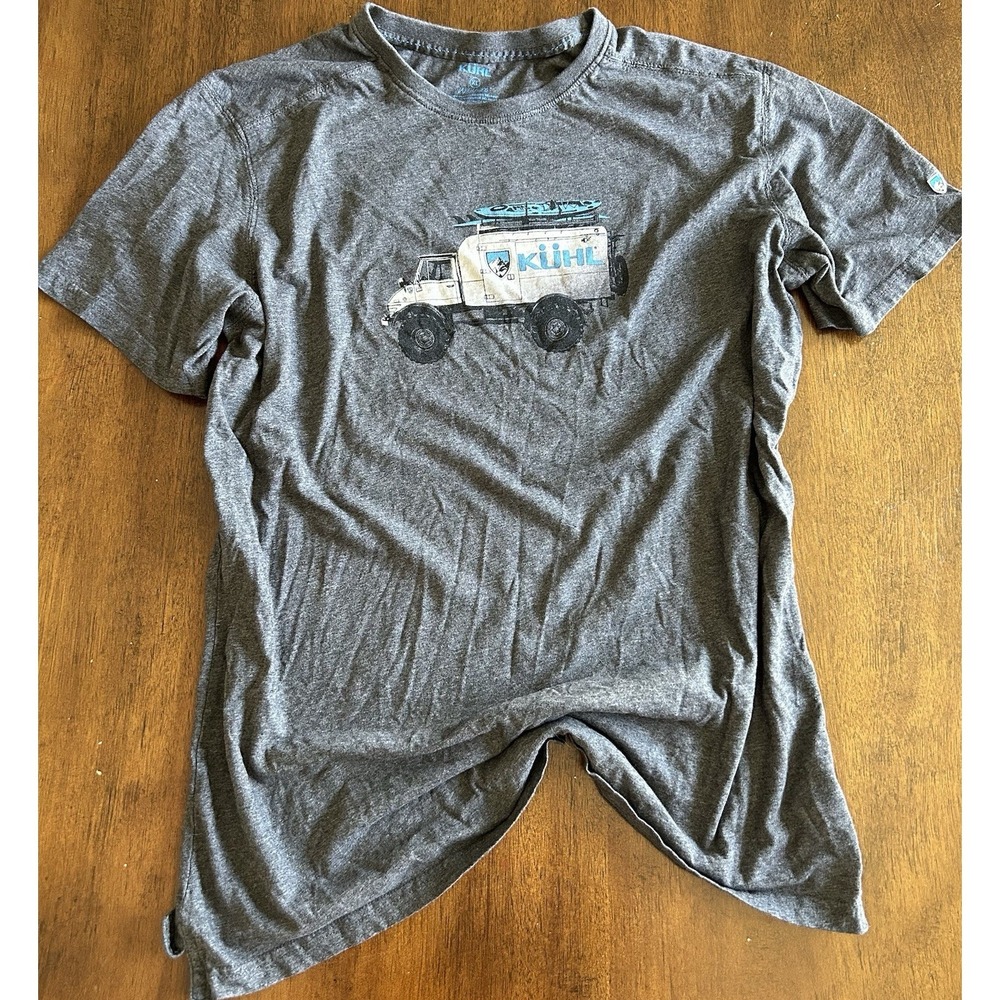 Kuhl Shirt Mens XL Gray Tagless Cotton Polyester Truck Surf Bike Graphic Logo